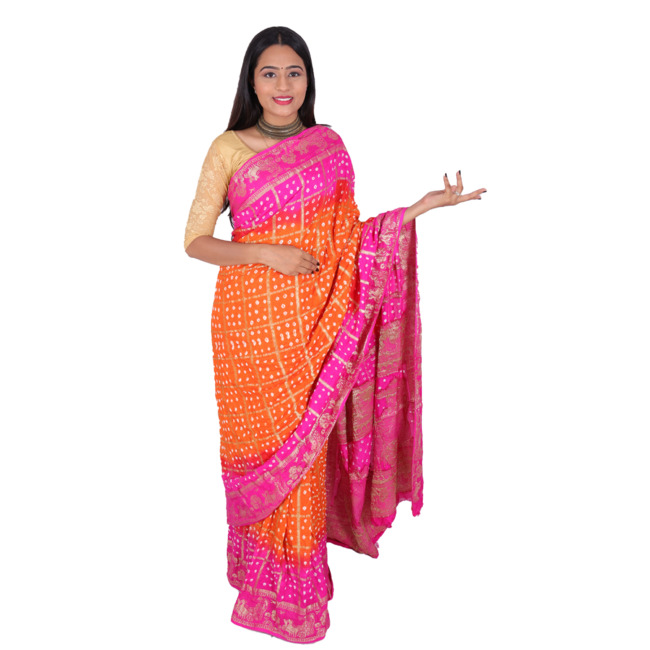 Handwoven Orange and Neon Pink Bandhej saree