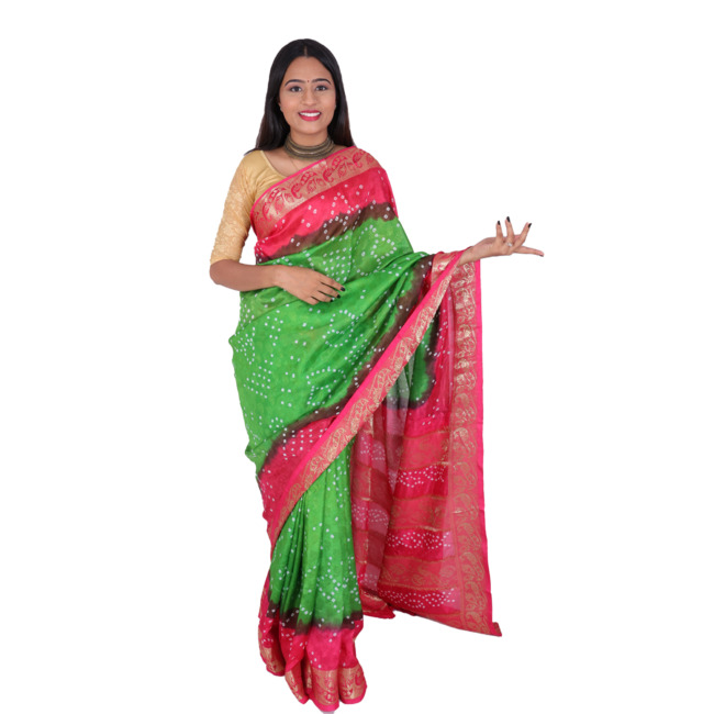 Handwoven Green and Pink Bandhej Saree