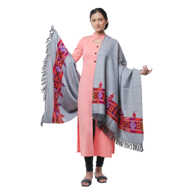Handwoven Single Palla with Temple Design Sheep & Angora Wool