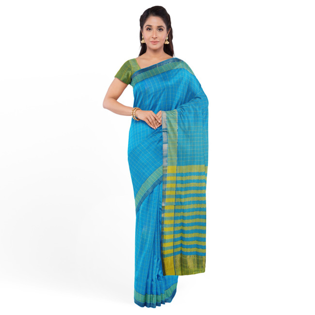Tribes India Mangla Cotton Saree with Blouse Piece Azure Blue Color