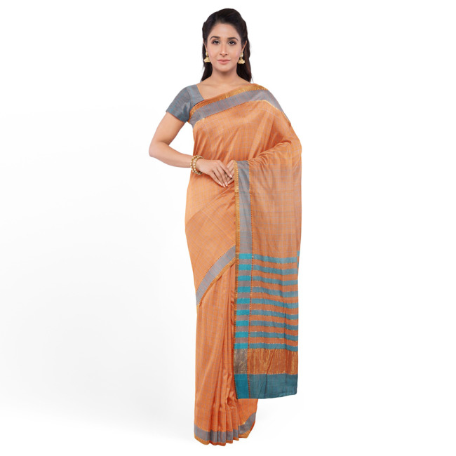 Tribes India Mangla Cotton Saree with Blouse Piece Salmon Color