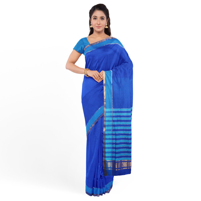 Tribes India Mangla Cotton Saree with Blouse Piece Blue & Sky Blue Color