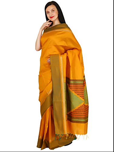 Tribes India Women's Tassar Cotton Saree with Blouse Piece (Dark Yellow, Size Length 5 Mtrs. + 1 Mtr. Blouse)