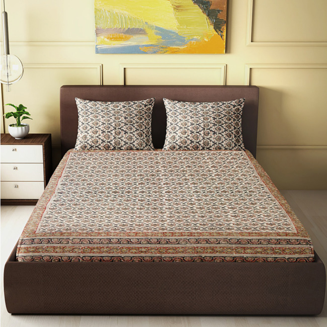 Tribes India Kalamkari Design Cotton Double Bedsheet (King Size) with 2 Pillow Covers