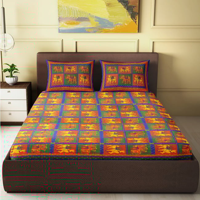 Tribes India Rajasthani Design Traditional King Size Double BedSheet with 2 Pillow Covers Red & Yellow Color