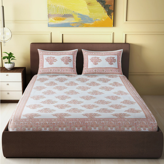 Tribes India Traditional King Size Double BedSheet with 2 Pillow Covers White & Pink Color