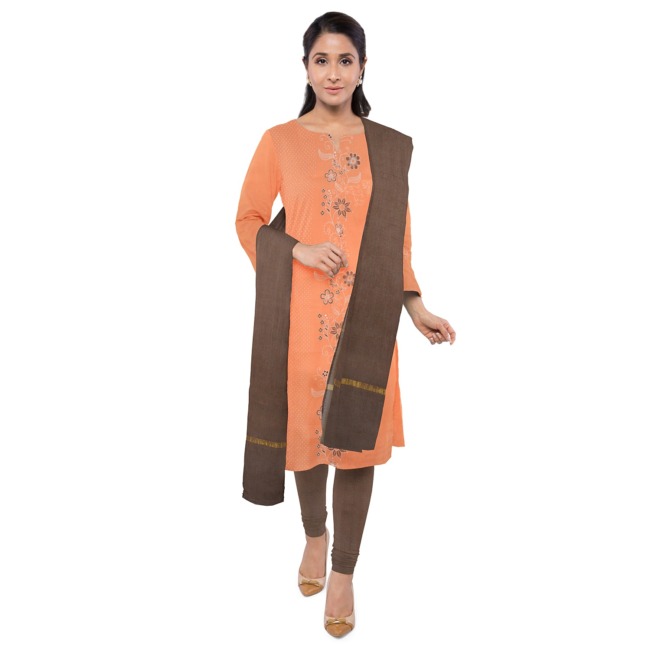 Tribes India 3 Piece Linen Cotton Suits Set Dress Material for Women with Dupatta Coral & Brown Color