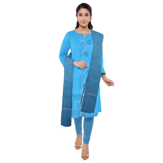 Tribes India 3 Piece Linen Cotton Suits Set Dress Material for Women with Dupatta Sky Blue Color