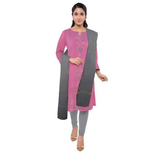 Tribes India 3 Piece Linen Cotton Suits Set Dress Material for Women with Dupatta Pink & Grey Color