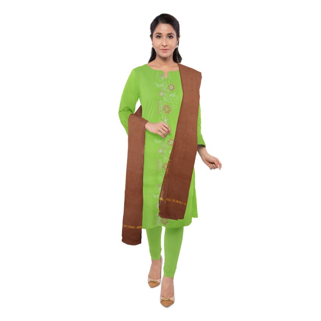 Tribes India 3 Piece Linen Cotton Suits Set Dress Material for Women with Dupatta Green & Brown Color