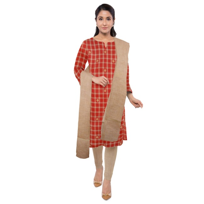 Tribes India 3 Piece Cotton Suits Set Dress Material for Women with Dupatta Red & Beige Color