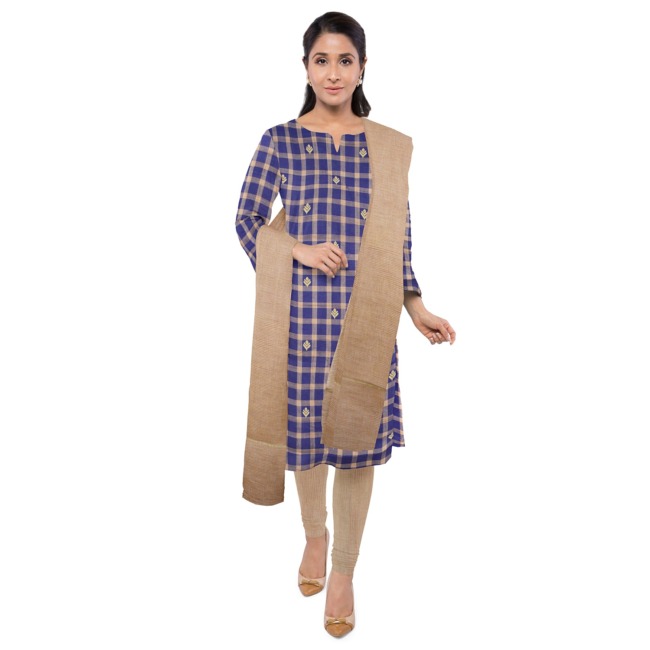Tribes India 3 Piece Cotton Suits Set Dress Material for Women with Dupatta Dark Blue & Beige Color