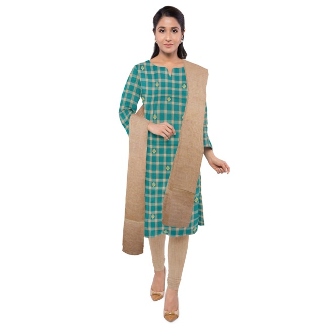 Tribes India 3 Piece Cotton Suits Set Dress Material for Women with Dupatta Green & Beige Color