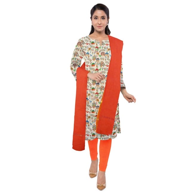 Tribes India 3 Piece Cotton Suits Set Dress Material for Women with Dupatta Red & Off White Color