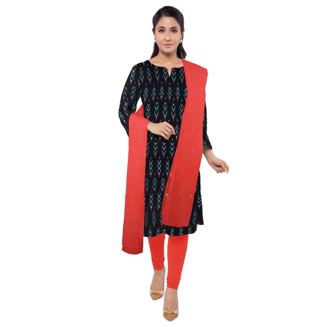 Tribes India Pochampally Ikkat 3 Piece Cotton Suits set for Women with Dupatta Black & Red Color