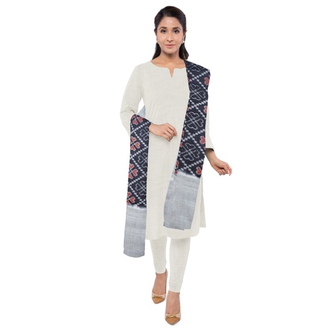 Pochampally Ikkat Masrised Cotton Dupatta 2.5 Meters Black & Grey Color