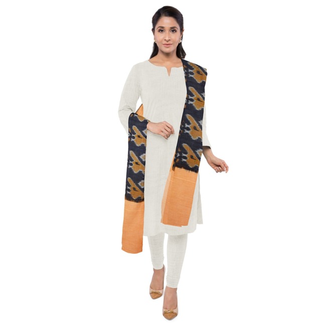 Pochampally Ikkat Masrised Cotton Dupatta 2.5 Meters Black & Mustard Yellow Color