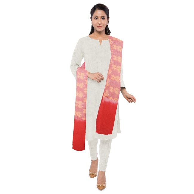 Pochampally Ikkat Masrised Cotton Dupatta 2.5 Meters Light Orange & Red Color