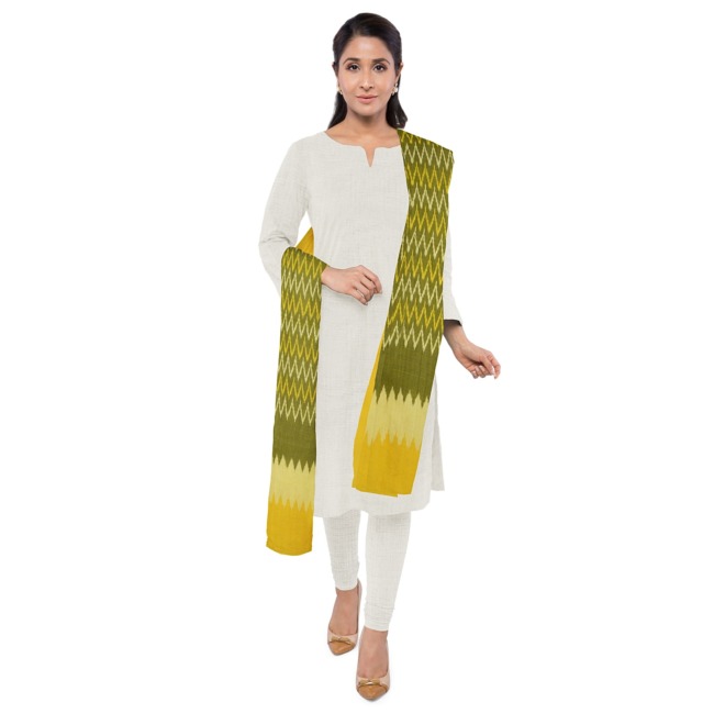 Pochampally Ikkat Masrised Cotton Dupatta 2.5 Meters Green & Yellow Color
