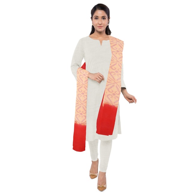 Tribes India Pochampally Ikkat Masrised Cotton Dupatta 2.5 Meters Light Orange & Red Color