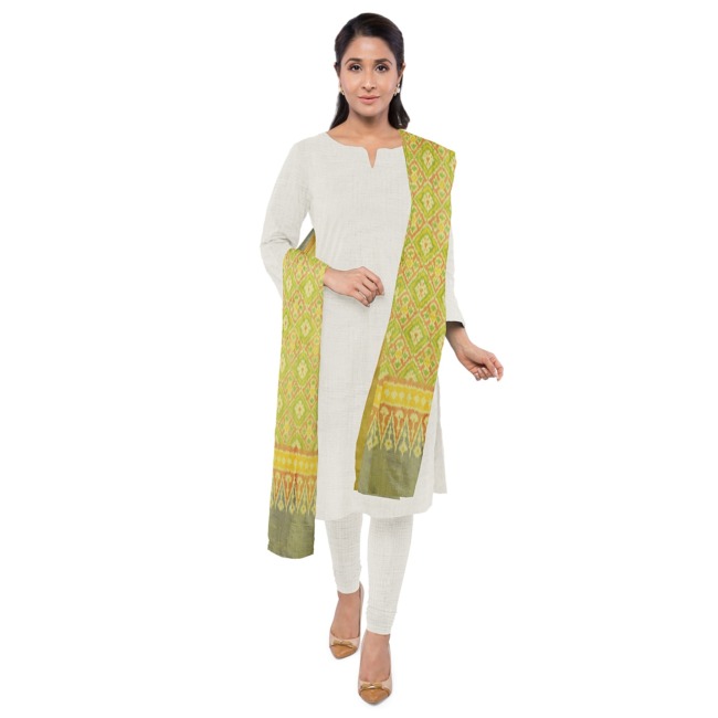 Pochampally Ikkat Silk Dupatta 2.5 Meters Light Green & Yellow Color