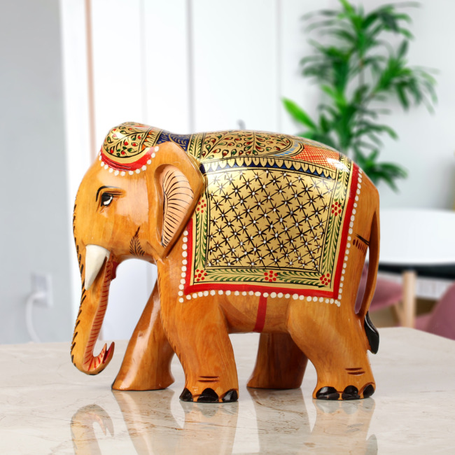 Brown Handcrafted Wooden Elephant With Gold Painting