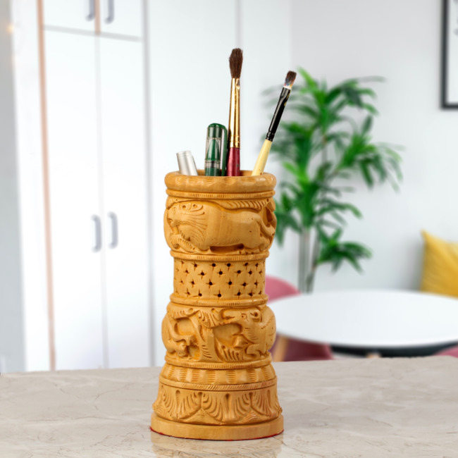 Handcrafted Pen Stand With Wood Carving Jali Work