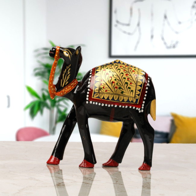 Black Handcrafted Wooden Camel With Gold Painting