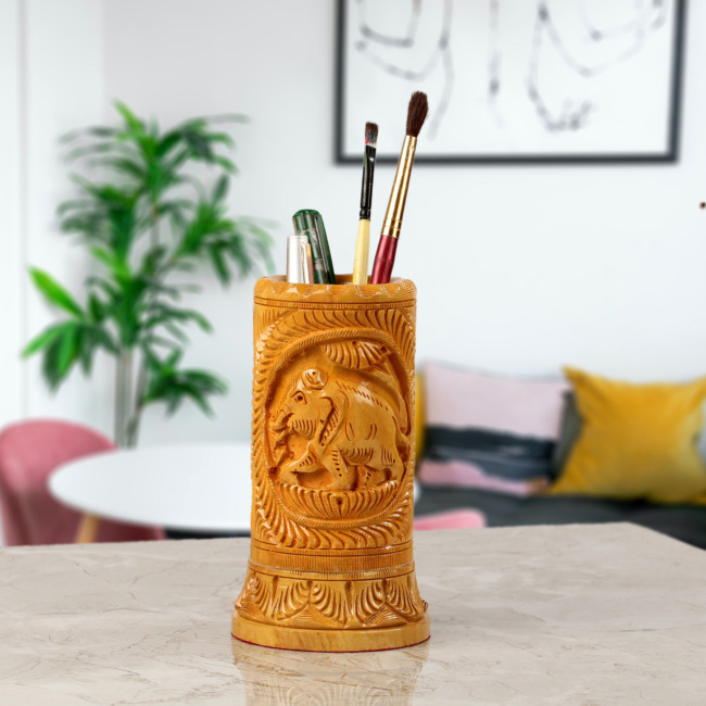 Elephant Wood Carving Pen stand