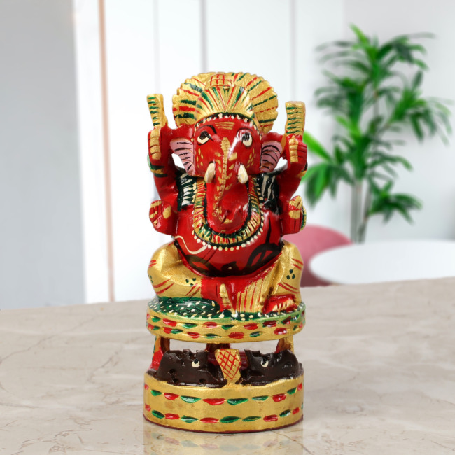 Hand Carved Maroon Wooden Ganesh JI