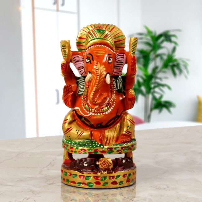 Hand Carved Saffron Wooden Ganesh JI