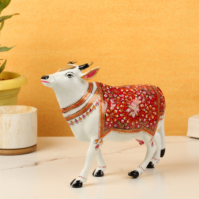 Nandi Cow With Red Seat Metal Meenakari (19 CM)