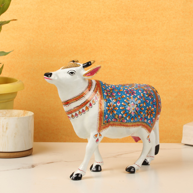 Nandi Cow With Blue Seat Metal Meenakari (19 CM)