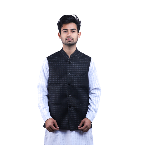 Woolen Check Black Waist Coat