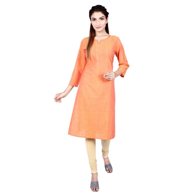 Tribes India Women's Cotton Kurti – Peach with Embroidered Yoke