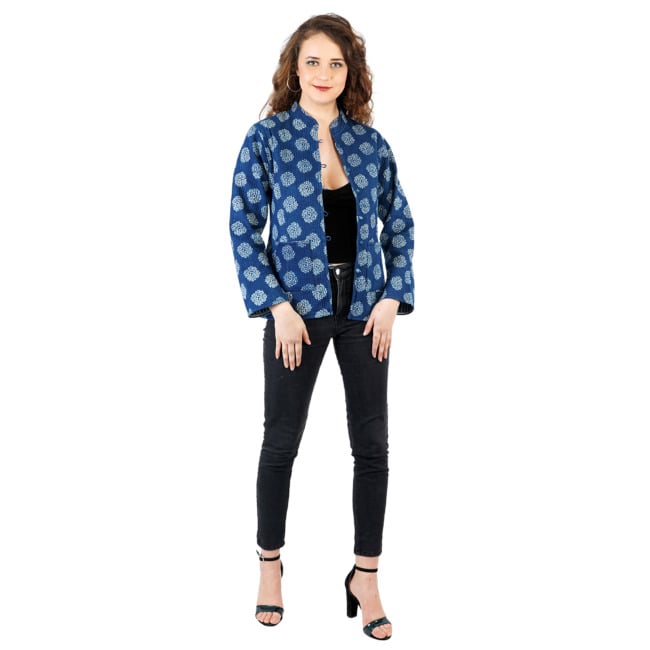 Blue & White Block Printed Double Sided Quilted Jacket - S