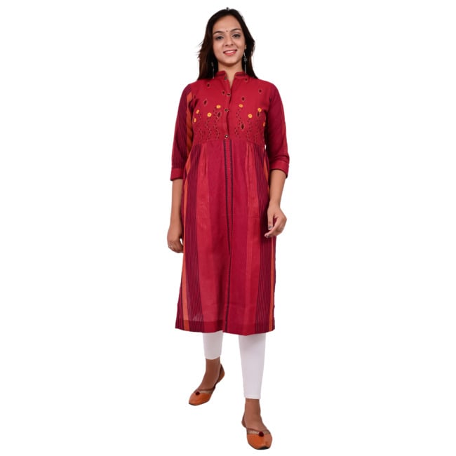 Tribes India Women's Cotton Kurti – Embroidered Yoke (Maroon)