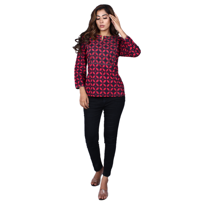 Black Red Short Kurti with Kantha Work