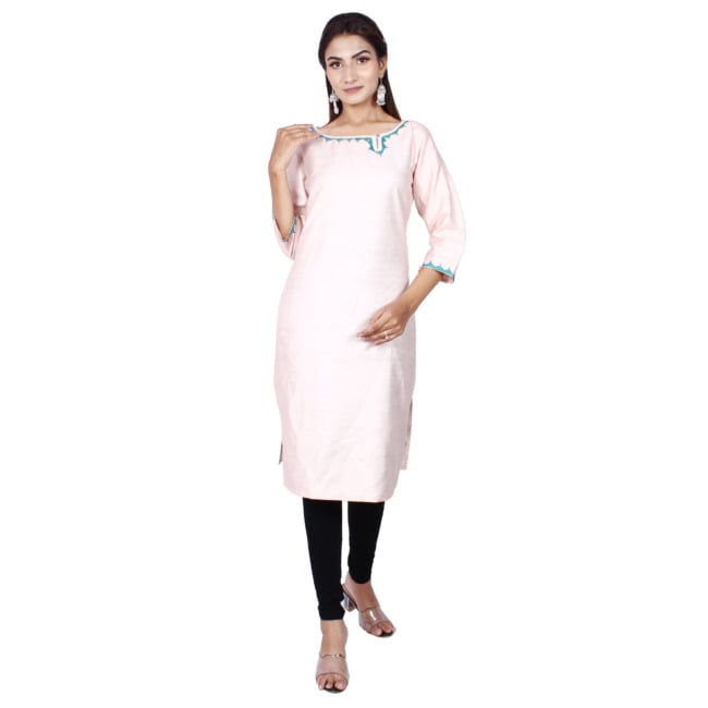 Pink Straight Line Silk Kurta With Patchwork