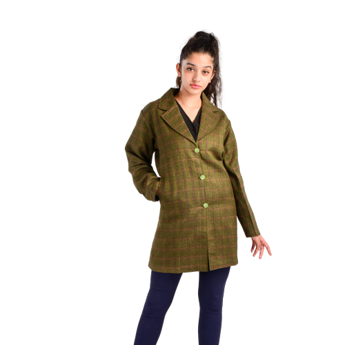Handloom Woolen Checks Long Coat Green - 40