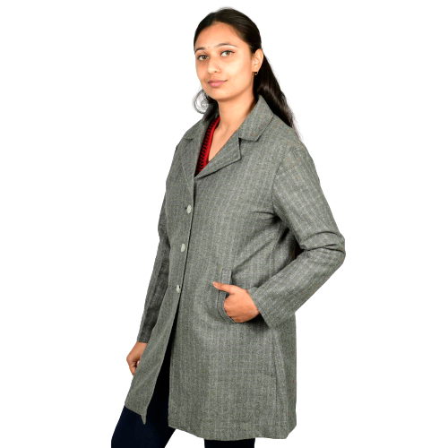 Handloom Woolen Checks Long Coat - 40