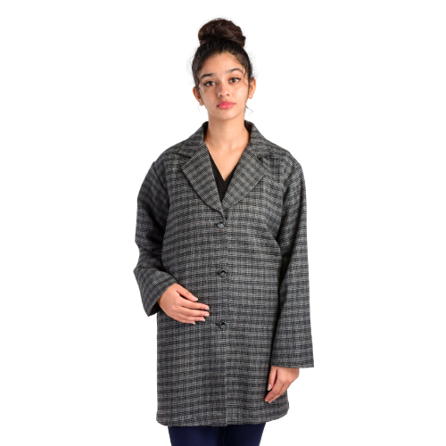 Handloom Woolen Checks Long Coat Grey - 42