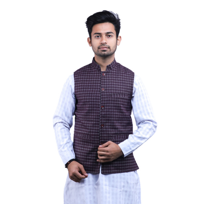 Woolen Check Maroon Waist Coat