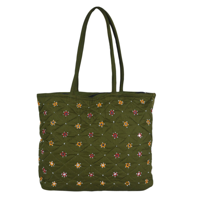 Tribes India Handmade Banjara Mirror Beads Shoulder Bag for Women Mehndi Color