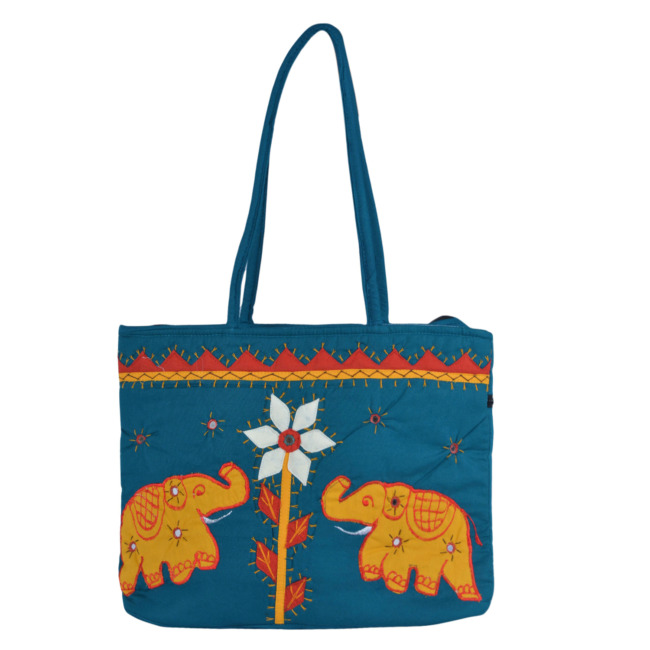 Tribes India Handmade Elephant Design Handbag for Women Lux Green & Yellow Color