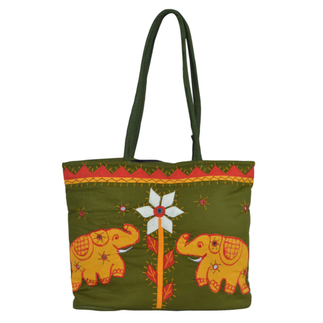 Tribes India Handmade Elephant Design Handbag for Women Mehndi & Yellow Color