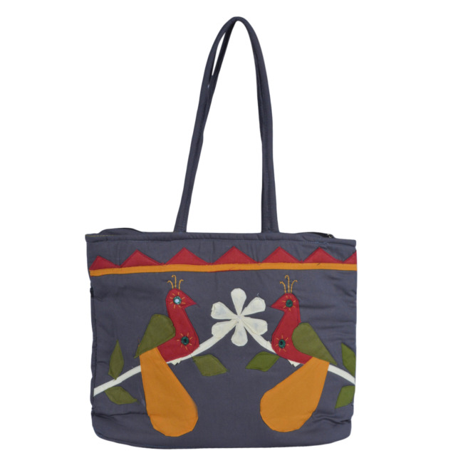 Tribes India Handmade Peacock Design Handbag for Women Grey Color