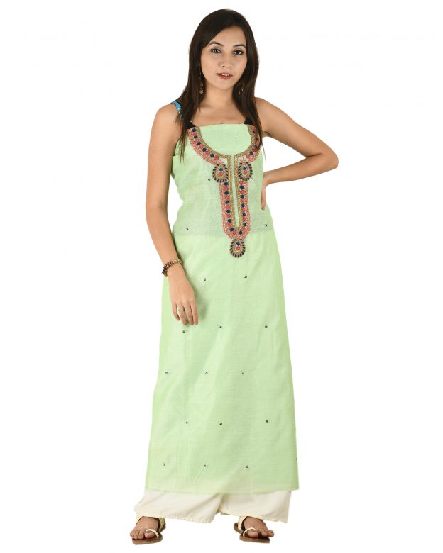 Chanderi Silk Designer Knee Long Green Free Size Suit Piece