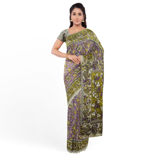 Tribes India Printed Kalamkari Design Silk Saree with Blouse Piece Light Green