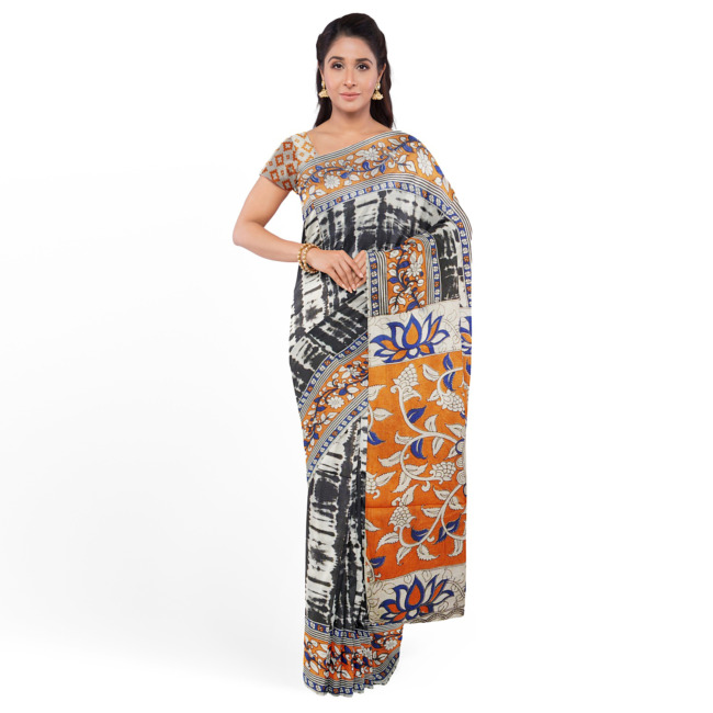 Tribes India Printed Kalamkari Design Cotton Saree with Unstitched Blouse Piece Black & Orange Color